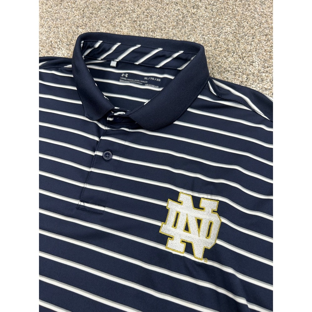 Under Armour Notre Dame Mens XL Navy White Striped HeatGear Polo Shirt #0804